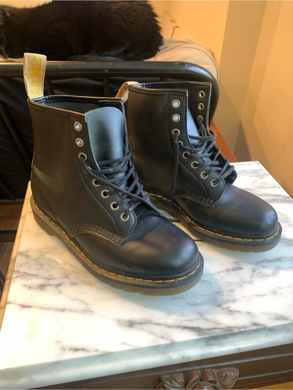 Dr. Martens Black Leather 8-Eye Boots with Yellow Stitching